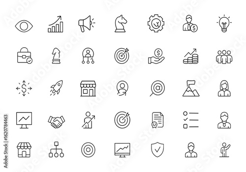 entrepreneurship concepts icon set. Editable linear stroke icons. Vector illustration of startup, business growth, branding, funding, management, marketing, innovation, vision