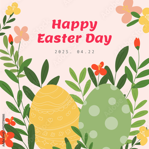 Spring Easter Card with Decorated Eggs and Flowers