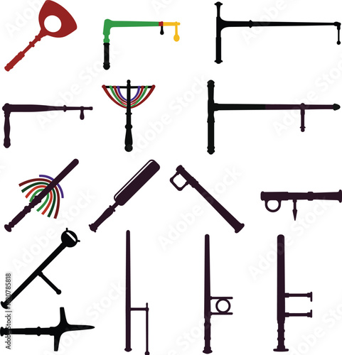 Vector Set of Police and Security Batons. Various Silhouettes of Law Enforcement Equipment and Self-Defense Sticks for Security, Riot Control, and Crowd Management.