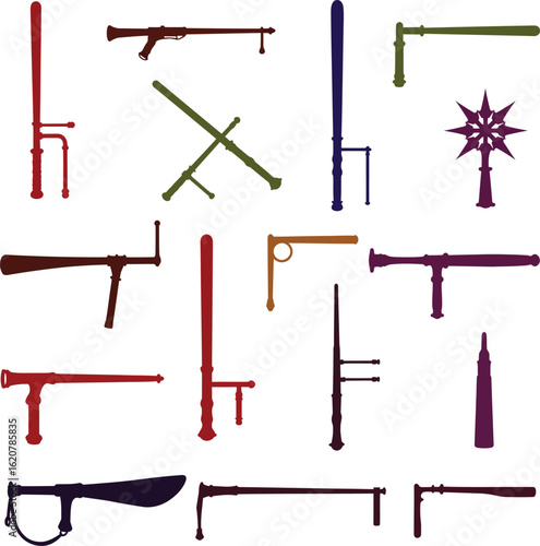Vector Set of Police and Security Batons. Various Silhouettes of Law Enforcement Equipment and Self-Defense Sticks for Security, Riot Control, and Crowd Management.