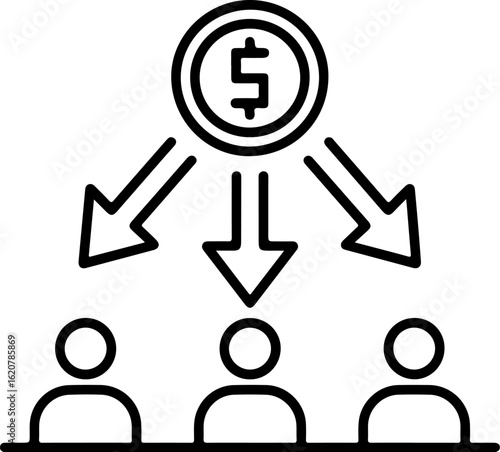 Financial distribution concept with money flowing from a coin to three people