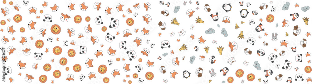 Obraz premium Seamless Cute Cartoon Animals and Geometric Shapes Pattern Collection. Featuring Pandas, Lions, and Penguins in Warm and Cool Tones.