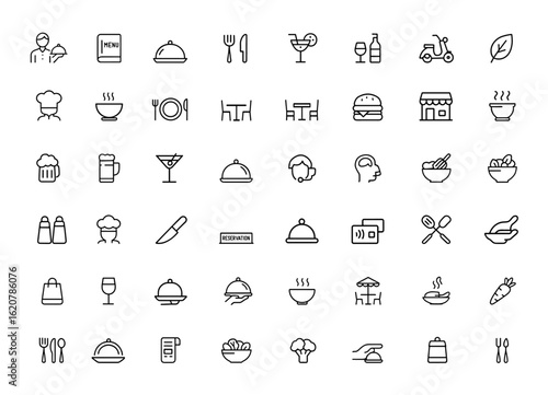 Restaurant icon set, cafe, bistro, bar, kitchen, catering, dining, food service. Editable stroke vector illustration waiter, menu, cocktail, wine, delivery, vegan, cooking and more.
