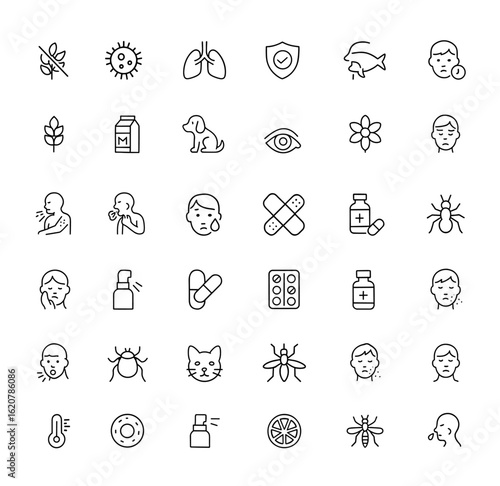 Outline allergy icon set with editable stroke. Linear vector illustration of allergic reactions, symptoms, immune response, medical treatment, pharmaceuticals, asthma, rash, cough and more.
