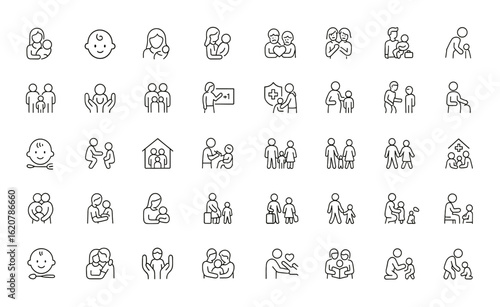 Parenting outline icons vector illustration with editable strokes. Linear style icons for family, baby care, adoption, maternity, education, health, discipline, support, and child development and more