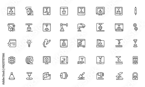 3D printing tools and technology icon set. Editable vector stroke illustrations of printers, filaments, CAD designs, manufacturing equipment, prototypes, laser layers, innovation and more.