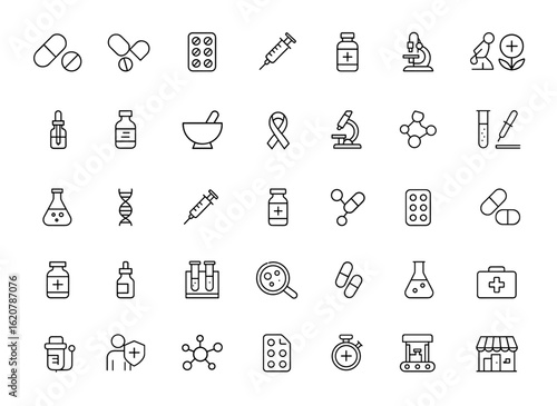 Pharmaceutical outline icon collection featuring linear editable stroke vector illustrations of pills, capsules, syringes, medicine, research, health, laboratory, vaccination, chemistry and more.