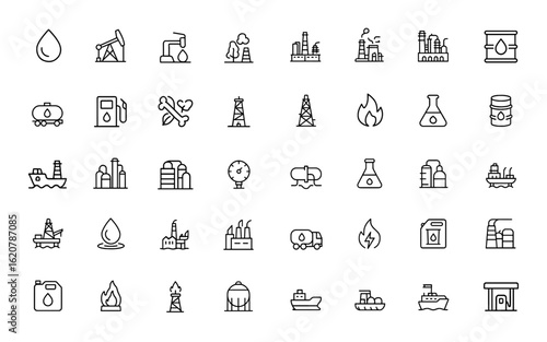 oil industry  icon set. Editable stroke vector with petroleum, drilling, refinery, pipeline, fossil fuel, gas, energy, mining, chemical, storage and more.