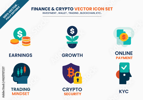 Finance & Crypto Vector Icons – Investment, Wallet, Trading, Blockchain, KYC, Bitcoin, Security