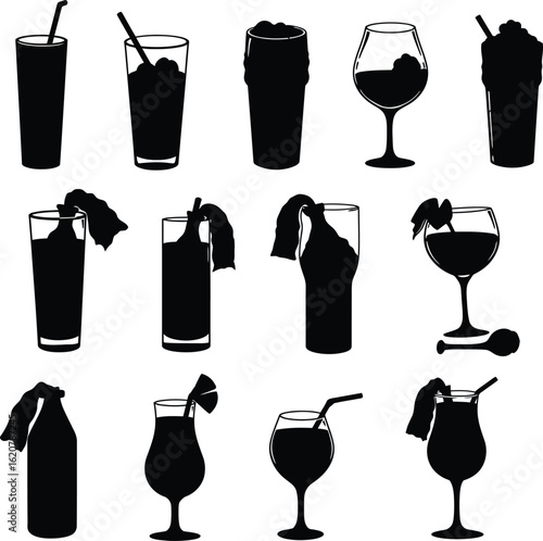 Vector Illustration Set of Cocktails and Molotov Cocktails Silhouettes. Beverage and Explosive Bottle Graphics, Isolated on a White Background.
