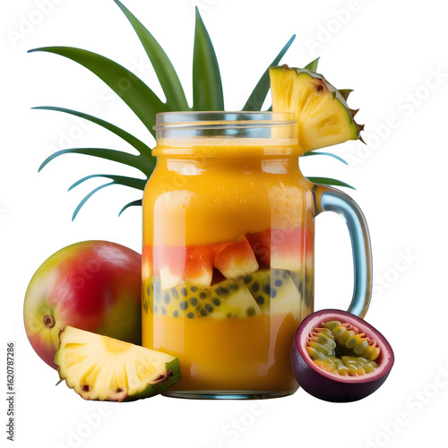 Layered Tropical Smoothie with Mango, Papaya, and Passion Fruit
