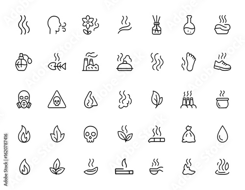 smell icons set with linear editable stroke. Vector illustration of scents, aroma, air, breath, fragrance, chemical, cooking, diffuser, perfume, pollution, steam, hazardous and more.