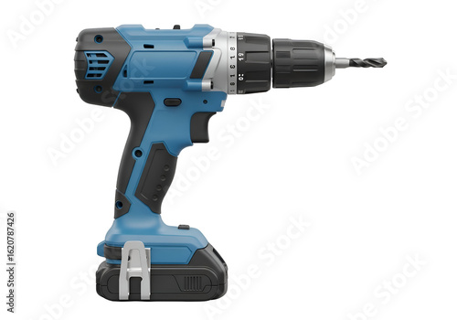 Blue and black cordless drill with attached battery pack.