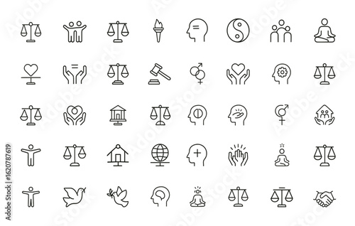 Balanced outline icons with editable stroke. Linear vector illustration of equality, harmony, justice, liberty, mental health, spirituality, law, meditation, society, therapy, measurement, and more.