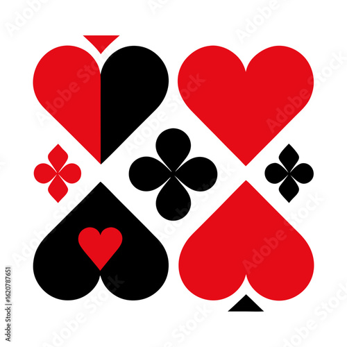 Bold geometric arrangement of playing card suits in red and black