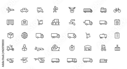 Delivery transport outline icon set with editable stroke. Vector linear icons featuring airplane, car, bike, boat, courier, drone, freight, helicopter, logistics, shipping, truck, van and more.