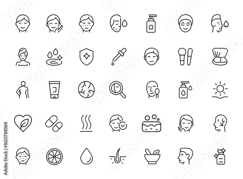 Linear outline icons of skin care with editable strokes. Vector illustration featuring beauty, dermatology, body care, moisturizing, treatment, cosmetics, wellness, serum, protection, therapy, makeup