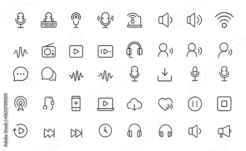 podcast icons set outline, linear vector illustration for audio, broadcasting, media, streaming, communication, podcasting, sound waves, digital content, voice, recording and more.