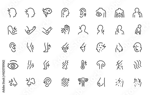 body pain symptoms icon set. Editable stroke vector illustration of anatomy, health care, injury, joint, muscle, headache, arthritis, menstrual, stomach, bruised and more.