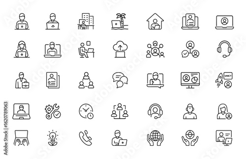 remote work icon set, freelance, hybrid office, digital nomad lifestyle, working from home concepts. Editable stroke outline vector illustration, productivity and more.