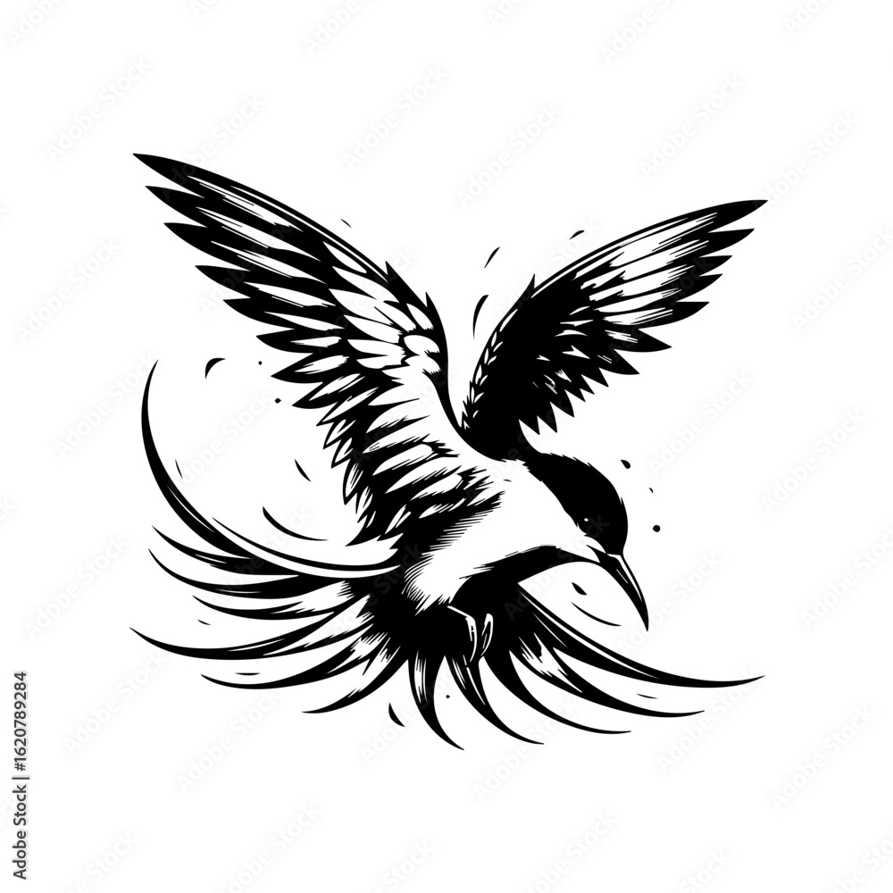 Obraz premium Bird in flight isolated on white background, wings spread in the air