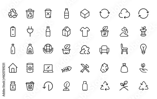 waste sorting and recycling symbols icon set. Linear vector illustration with editable stroke. Eco-friendly, sustainability, environment, reuse, compost, pollution, disposal, garbage