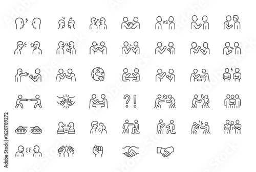 confrontation and conflict icon set. Editable stroke vector illustrations for aggression, argument, crisis, leadership, teamwork, violence, business and more.