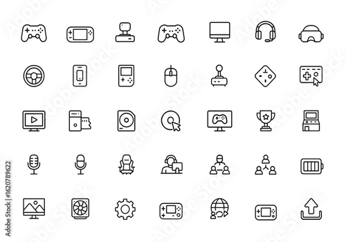 video game gadgets icon set, gaming devices, esports technology, consoles, controllers, headset, joystick, computer, cyber entertainment, player and more.