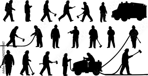 Firefighter silhouettes set, fireman pack of vector silhouette design, isolated background.
