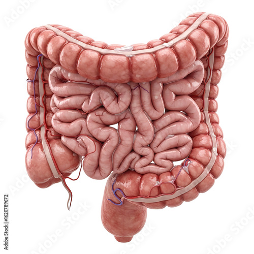 A detailed anatomical illustration showing the human colon and small intestine structure model view on transparent background
