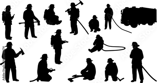 Firefighter silhouettes set, fireman pack of vector silhouette design, isolated background.
