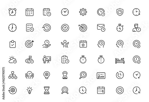 time management concepts icon set. Editable stroke vector illustration including alarm, calendar, clock, deadline, productivity, multitask and more.