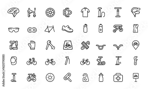cycling gear and bike accessories icon set. Editable stroke vector illustration with helmet, brake, wheel, pedal, saddle, clothing, pump, lock, handlebar and more.