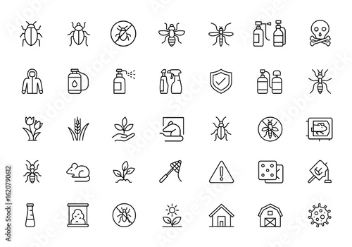 pest control icons set: linear insect, bug, and pest vector illustration with editable stroke for agriculture, farming, gardening, safety, disinfection, and protection tools and more.