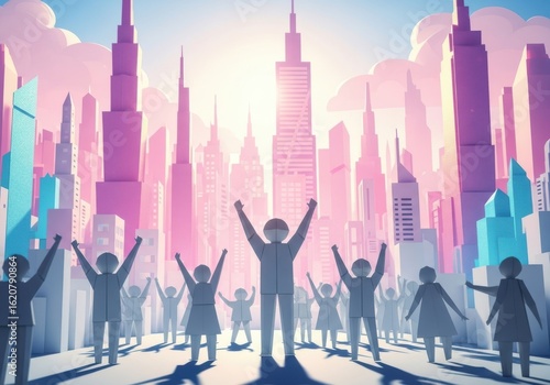 Silhouetted figures celebrate in a vibrant stylized city with pink and blue skyscrapers under a bright sunny sky