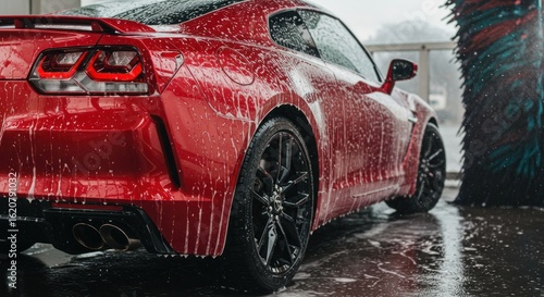 Red sports car undergoing a thorough wash at a car wash, soap suds covering its body.