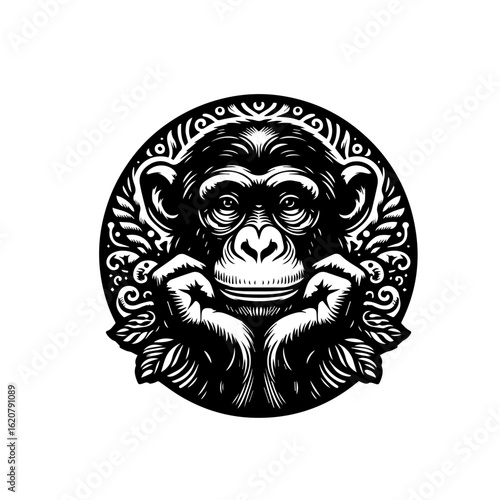 A monkey with hands on its face isolated on white background, looking thoughtful