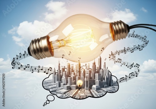 A bright idea for the city of the future with music notes floating around the light bulb