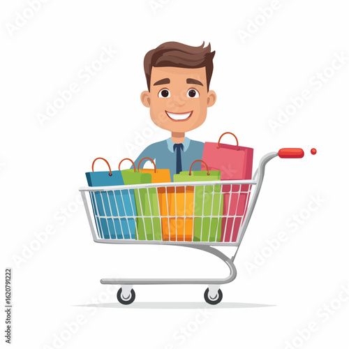 Shopping Spree Adventure: A happy customer, brimming with glee, joyfully rides a shopping cart brimming with colorful bags, capturing the excitement of consumerism and the delight of retail therapy.