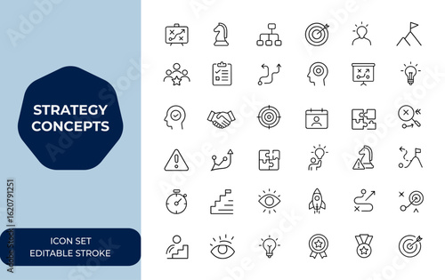 strategy concepts Linear outline icon set. Editable stroke vector illustration collection featuring 30 detailed icons. Business planning, tactics, process, analysis, management, goals and more.