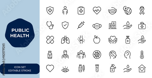 public health Outline vector icons set. Linear collection of healthcare icons, medical symbols, wellness, safety, hospital, medicine, prevention, care, vector