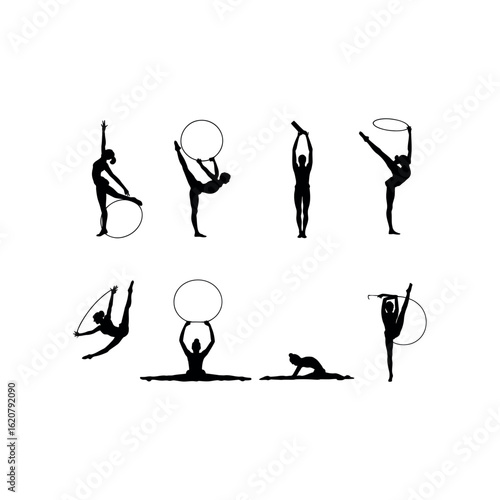 Rhythmic gymnasts performing with hoops in various poses black silhouettes rhythmic gymnastics black and white