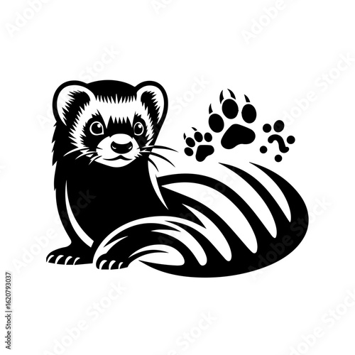 Charming ferret illustration with paw prints isolated on white background