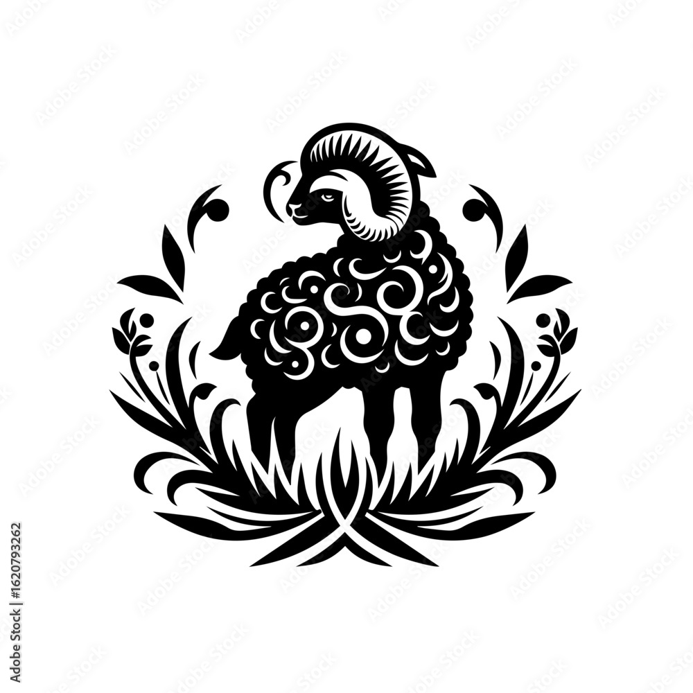 Fototapeta premium Detailed ram illustration isolated on white background in black and white design