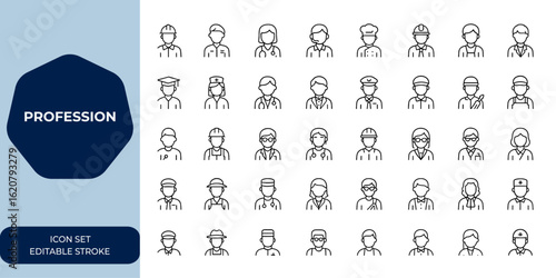 profession icon set featuring editable stroke linear collection. Vector illustration of various career icons for web, mobile app, business, work, employment, job, office, skills and more.