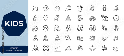 kids Outline linear icon set, editable stroke vector illustrations collection, simple child-themed icons for web design, education, family, playful graphics, modern minimal style and more.