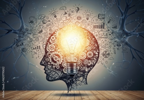 Conceptual image representing the power of ideas inside the human brain with gears and lightbulb