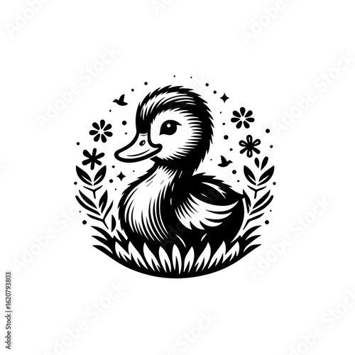 A cute duckling surrounded by flowers isolated on white background
