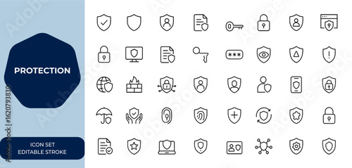 protection symbols Linear outline icon collection. Editable stroke vector illustration set ideal for security, safety, shield, guard, defense, cybersecurity, technology, digital and more.