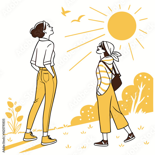 Two young women enjoying a sunny day outdoors with birds flying overhead and trees in the background